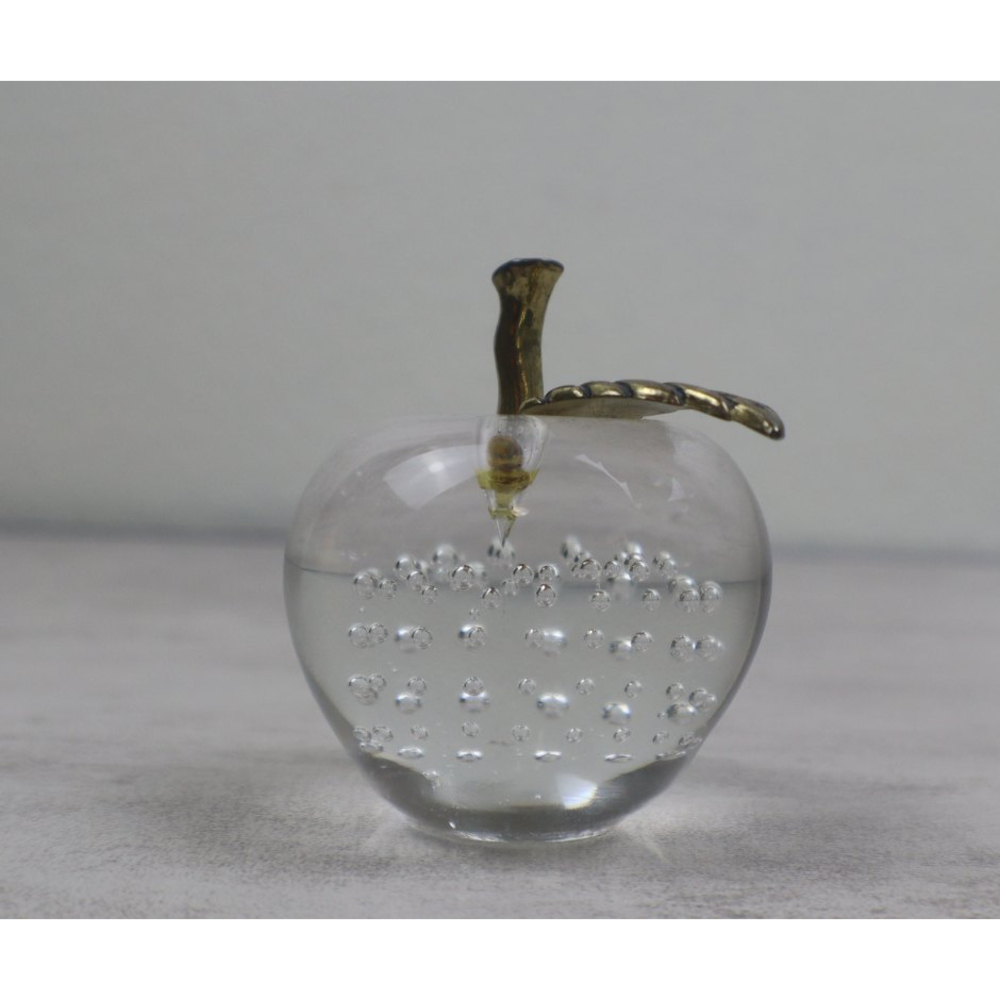 R.O.C. Hand Blown Art Glass Clear Bullicante Apple Paperweight with Brass Stem - Picture 4 of 6